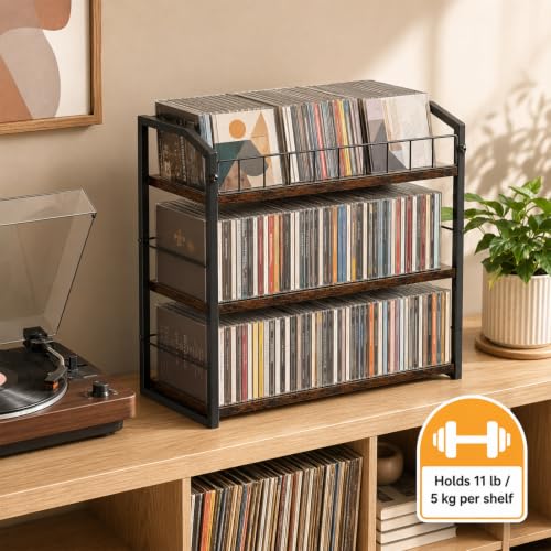 3-Tier CD Storage Rack, CD Holder Tower Holds 123 CDs with Display Top Shelf, Metal and Wood CD Organizer Stand for Standard Jewel Cases, Compact Desktop CD Shelf for Home Office - view 6