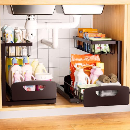 Under Kitchen Sink Organizer, Metal Pull Out Bathroom Organizers and Storage, 2-Tier Cabinet Organizer Shelf with Sliding Drawer, Home Organization for Kitchen, Laundry, Pantry, Brown, 2 pack