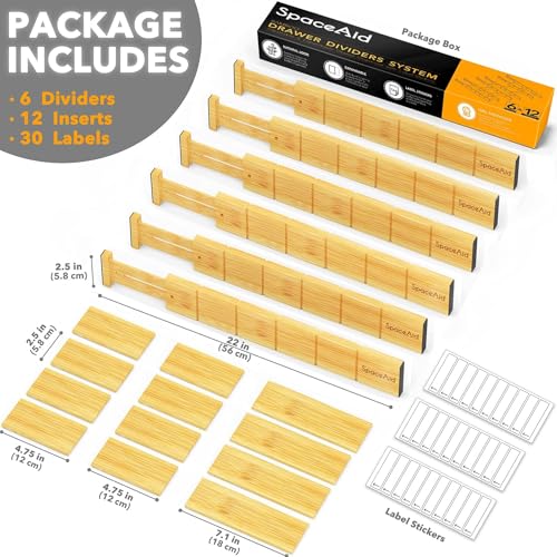 Bamboo Drawer Dividers with Inserts and Labels, Kitchen Adjustable Drawer Organizers, Expandable Organization for Home, Office, Dressers and Bathroom, 6 Dividers with 12 Inserts (17-22 in) - view 2