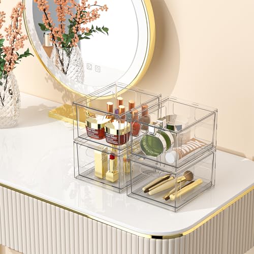 4 Pack Stackable Plastic Makeup Organizer Drawers, Acrylic Organizers, Clear Storage Bins with Pull-Out Handles for Vanity, Kitchen Cabinets, Pantry - view 2