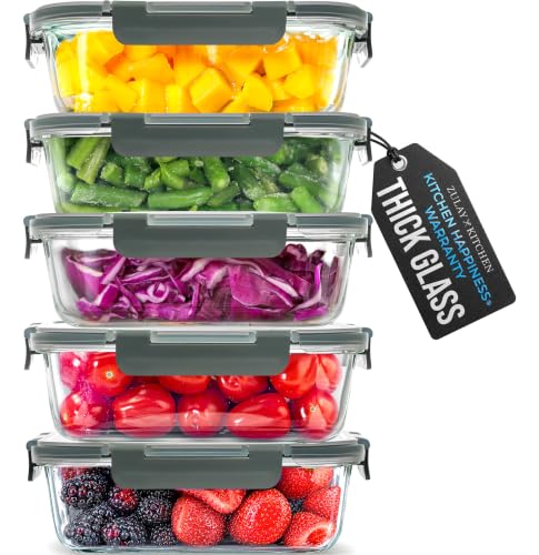 5 Piece Large 36oz Glass Storage Container Sets with Lids - Premium BPA Free Borosilicate Glass Food Storage Containers - Leak-Proof Meal Prep - Microwave, Freezer & Oven Safe - Gray