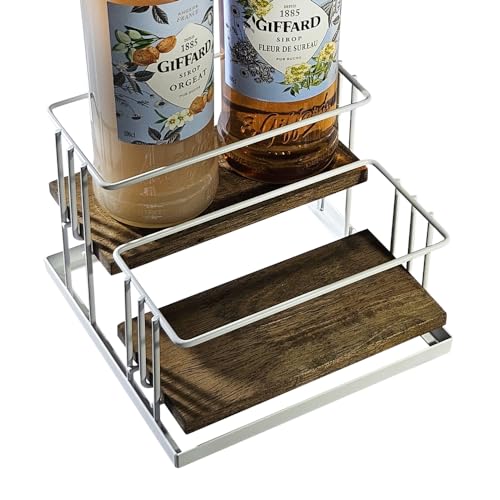 Cofee Syrup Bottle Holder Rack, Rustic Wood and White Metal Wire 2 Tier 4 Syrup, Wine, Dressing Bottle Countertop Display Storage Stand for Kitchen Coffee Bar- MK816F - view 6
