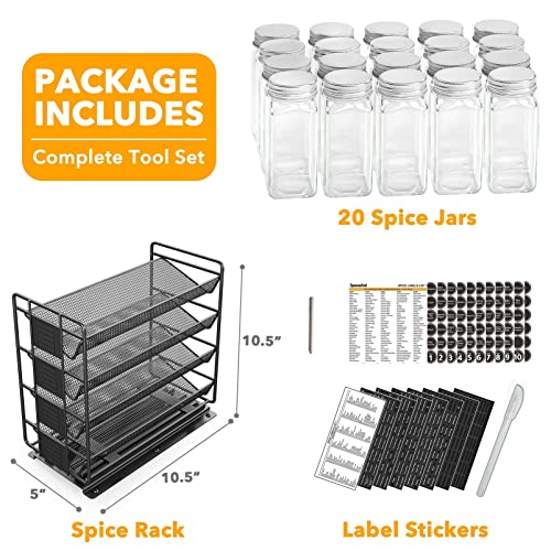 Pull Out Spice Rack Organizer with 20 Jars, Heavy Duty Slide Out Seasoning Organizer for Kitchen Cabinets, with 801 Labels and Chalk Marker, Left Facing - view 4