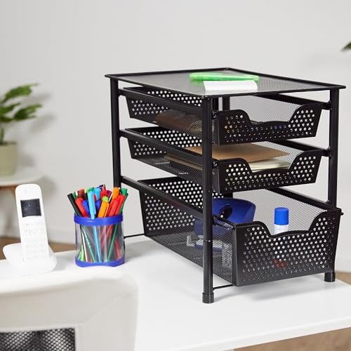 Drawer Shelf, Stackable Office Organiser, 3 Pull-Out Baskets, Metal, Kitchen, Bathroom, HBT: 35 x 28 x 42.5 cm, Black - view 4