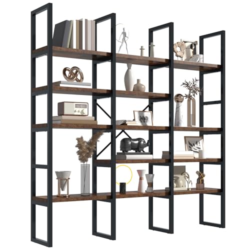 Large Bookshelf 5 Tiers, Triple Wide Geometric Bookcase, 71 Inches Tall Industrial Book Shelves Etagere Book Case, Sturdy Metal Frame, Freestanding Display Shelving Unit, Rustic Brown