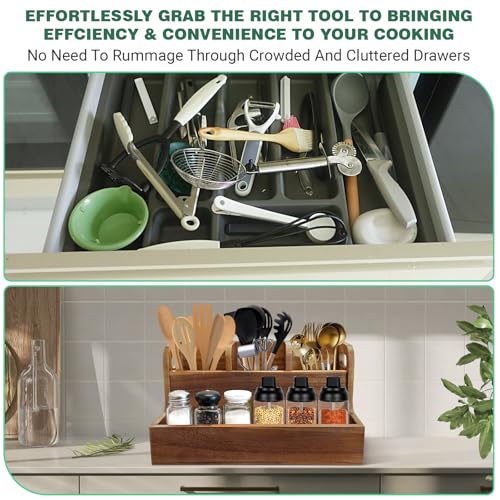 Kitchen Utensil Holder for Countertop with 4 Compartments Acacia Large Utensil Holder Wooden Storage for Cooking,Baking,Flatware Tool Kitchen Utensil Organizer - view 6