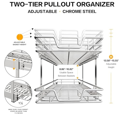 2-Tier Kitchen Cabinet Pull Out Shelf and Drawer Organizer Slide Out Pantry Storaqe Basket in Multiple Sizes (14" W x 21" D) - view 6