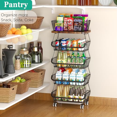 Fruit Basket with Wooden Lid for Kitchen, 5-Tier Stackable Wire Fruit Vegetable Storage Basket Organizer Stand on Wheel, Produce Basket Potato Onion Storage Bins Rack Cart for Pantry - view 4