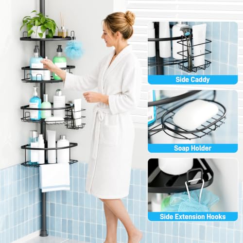 Corner Tension Pole Shower Caddy, 4 Tier Rustproof Shower Tension Rod Organizer with Soap Holder & Hooks, Adjustable 33-125 Inch Bathroom Shelf for Renters - Family Stand Storage Rack, Black - view 7