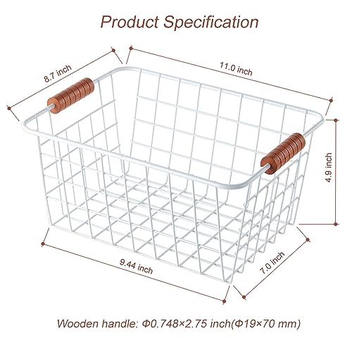 Wire Kitchen Storage Basket 2 Packs,Perfect Pantry Organization Accessories Baskets,Laundry Basket,With a Wooden Handle,Suitable for Kitchen,Bathroom,Bedroom,Tabletop,Stackable,White - view 2