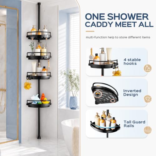 Corner Shower Caddy Tension Pole: Adjustable Stainless Steel Shower Organizer 4 Tier Shelf for Bathroom Bathtub Shampoo - Floor Standing Rack Bath Storage Holder with Rust Proof Rods- Black - view 7
