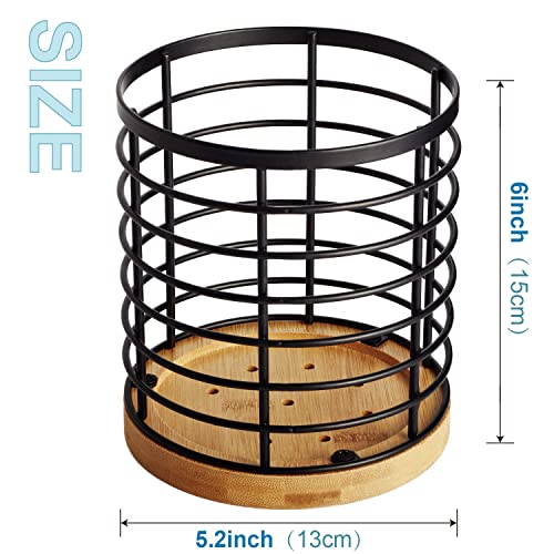 Utensil holder for Kitchen Counter - 5.2" x 5.2" x 6" Large Round with Wooden Base Matte Black Cooking Utensil Holder Utensil Organizer (Metal+Bamboo) - view 5