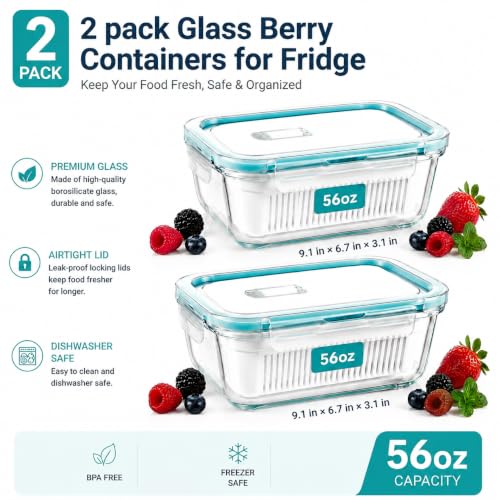 2 Pack 56oz Glass Berry Container for Fridge,with Removable Colander and Vent Valve,Fresh Fruit and Vegetable Storage Set - view 2