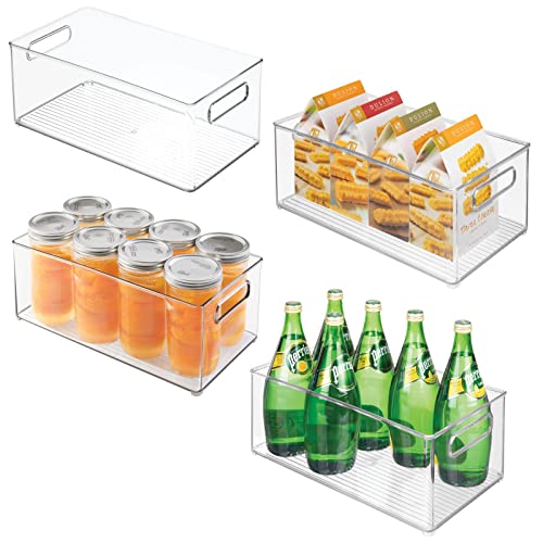 Deep Plastic Kitchen Storage Organizer Container Bin for Pantry, Cabinet, Cupboard, Shelves, Fridge, or Freezer - Holds Dry Goods, Sauces, Condiments, Drinks, Ligne Collection, 4 Pack, Clear