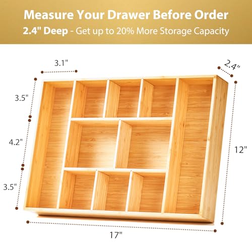 Extra Large Bamboo Desk Drawer Organizer, Wood Junk Organizer Tray with Adjustable Dividers, Anti-Skip Storage Organization in Office Bathroom Drawer for Vanity, Makeup, 17" x 12" - view 4