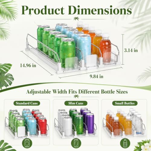 Drink Organizer for Fridge, Adjustable Width Soda Can Dispenser for Refrigerator Organizers and Storage, 3 Rows Beer Bottle Beverage Holder with Pusher Glide (14.96" D, White) - view 2