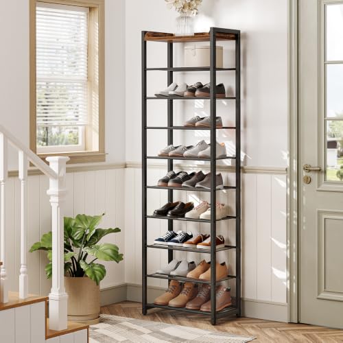 10 Tier Shoe Rack, Large Capacity Shoe Storage for 18-20 Pairs, Sturdy Metal Shoe Shelf for Closet Entryway, Space Saving Shoe Organizer for Sneakers Heels, Rustic Brown BF40XJ01 - view 2