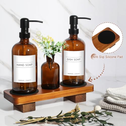 Kitchen Soap Dispenser Set with Wood Riser Tray, Amber Glass Soap Dispenser with Stainless Steel Pump, Hand and Dish Soap Dispenser Set for Kitchen, Soap and Lotion Dispenser Bathroom Decor(Amber) - view 4