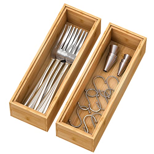 Bamboo Kitchen Drawer Organizer 9"x 3", Wooden Stackable Silverware Tray