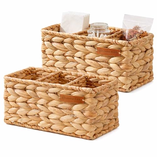 Woven Storage Baskets, 2 Pack Water Hyacinth Bins, 3-Section Home Organizer