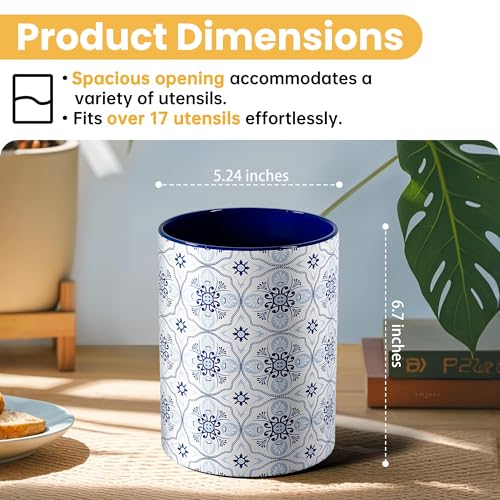 Ceramic Kitchen Utensil Holder for Countertop, Embossed Pattern Crock with Kiln-Fired Finish, Counter Organizer for Cooking Tools,Navy Blue - view 2