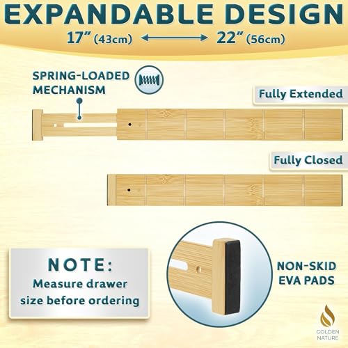 Bamboo Drawer Organizer - with Inserts & Labels, 17-22" - Adjustable Spring Loaded Kitchen Dividers for Utensils & Junk Storage - Expandable Silverware Separators for Organization - view 3