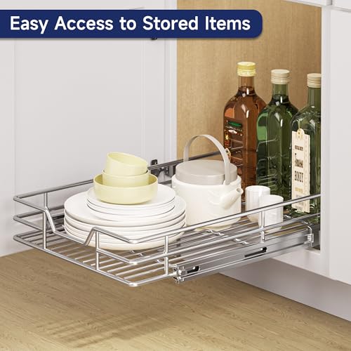 Pull Out Cabinet Organizer, 15.5" W x 21.5" D, Heavy Duty Chrome Slide Out Shelf for Base Cabinets, Sliding Wire Basket Drawer for Pantry Items, Bowls, Containers & Cleaning Supplies - view 6