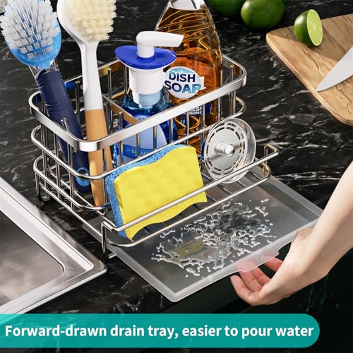 Kitchen Sink Organizer, SUS304 Stainless Steel Rustproof Multifunctional Large Sink Caddy with Sponge Holder and Drain Tray for Kitchen Countertop (Silver) - view 6
