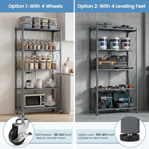 70.7" H Metal Storage Shelves, 5 Tier Folding Storage Shelves on Wheels - view 5