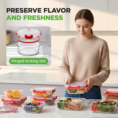 24-Piece Glass Food Storage Containers with Lids - 12 Stackable Heavy Duty Meal Prep Containers w/ 12 Airtight Lids - Microwave, Freezer, & Dishwasher Safe for Food, Snacks, & Fruit-(Red) - view 2