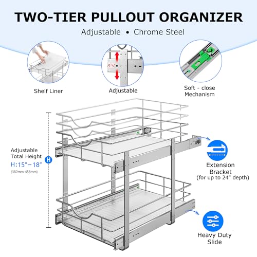 2-Tier Kitchen Cabinet Pullout Shelf and Drawer Organizer, Soft Close Pantry Pull Out Shelves, Heavy Duty Pull Out Cabinet Organizer with Shelf Liner for Kitchen Cabinets, Pantry Storage - view 5