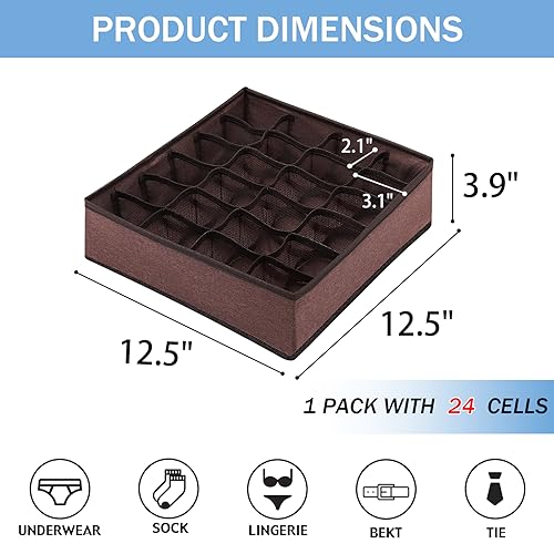 Foldable Storage Cubes Drawer Underwear Organizer Dividers， under Cabinet Organizer 24-Cell Fabric Storage Boxes for Lingerie,Socks,Ties （Coffee） - view 2