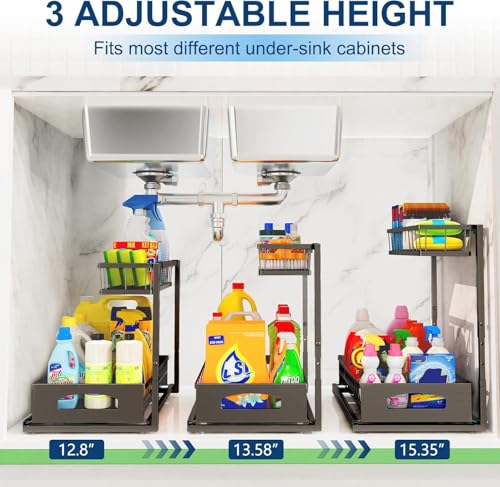Under Sink Organizer, 2 Pack Height-Adjustable Cabinet Organizer with Slide-Out Bottom Drawer, Fits Around Pipes, Heavy-Duty Metal Storage for Kitchen and Bathroom, Black (Black, 2 Pack) - view 3