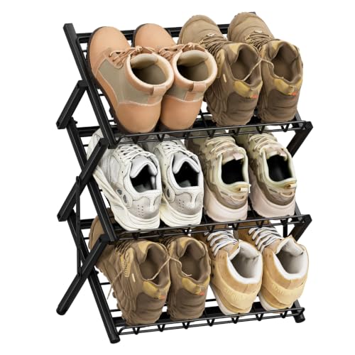 3 Tier Foldable Metal Shoe Rack, Organizer, Black