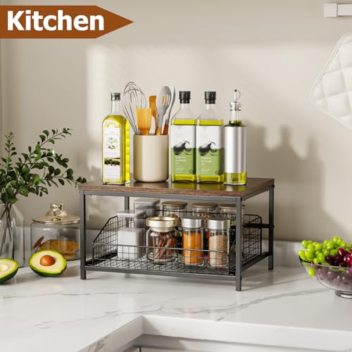 Pull Out Spice Rack Organizer for Cabinet,Rustic Wood Top with Wire Basket Storage,Kitchen Countertop Organizer and Storage for Pantry, Counter top,Coffee Station Wood. (Brown) - view 6