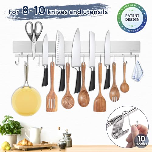 20 inch magnetic knife holder with 10 hooks, no drilling knife magnetic strip, and utensil hanger for wall. Powerful knife magnet rack includes tape and screw - view 3