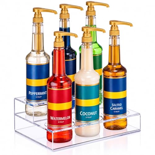 Acrylic Coffee Syrup Organizer Rack | 6 Bottle, 2 Tier Rack | Bar Counter-Top Display Stand | Kitchen, Pantry, Fridge Storage Organizer for Syrups, Wine, Soda, Beer