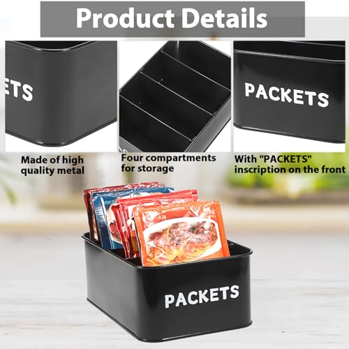Seasoning Packet Organizer, Food Storage Organizer with Divided 4 Compartments, Metal Storage Caddy for Kitchen Pantry Cabinet, Kitchen Organization Bin for Snacks Spice Packets, Black - view 3