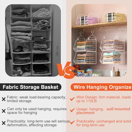 6 Tier Closet Hanging Organizer, Clothes Hanging Shelves with 4 Hanging Hooks 5 S Hooks, Wire Storage Basket Bins, for Clothing Sweaters Shoes Handbags Clutches Accessories Patent - view 5