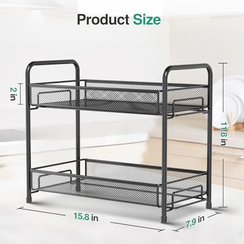 Spice Rack Organizer for Countertop, 2-Tier Foldable Metal Rust-Proof Standing Large Seasoning Storage Shelf with Guardrail and Mesh Design for Kitchen Cabinet Bathroom Living Room Pantry, Black - view 2