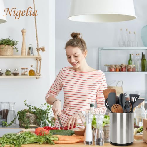Extra Large Kitchen Utensil Holder, 360° Rotating Stainless Steel Cooking Utensil Holder for Countertop, 3 Compartment Flatware Organizer & Cooking Caddy with Removable Base（Silvery） - view 3