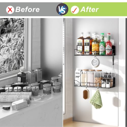 Magnetic Spice Rack for Refrigerator, 2 Pack Strong Magnet Spice Organizer Shelves with Hooks, Magnetic Fridge Shelf for Kitchen Organization and Storage, Seasoning Organizer Gadgets (Black) - view 5