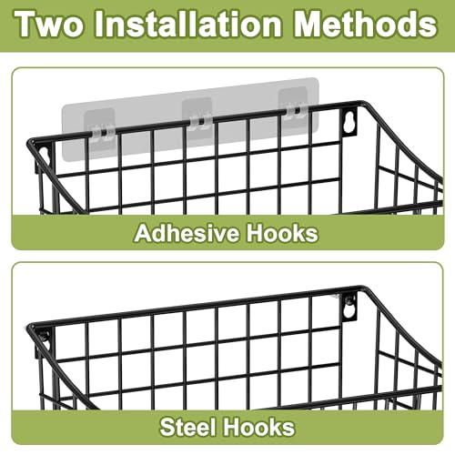 Wall Mounted Bin Basket with 5 Hooks 3 Label Plate Adhesive-3 Pack, Cabinet Hanging Metal Wire Basket,Rustic Farmhouse Decor, Storage Organization Shelf for Pantry Kitchen Bathroom 10.6*7.5*5.1inch - view 3