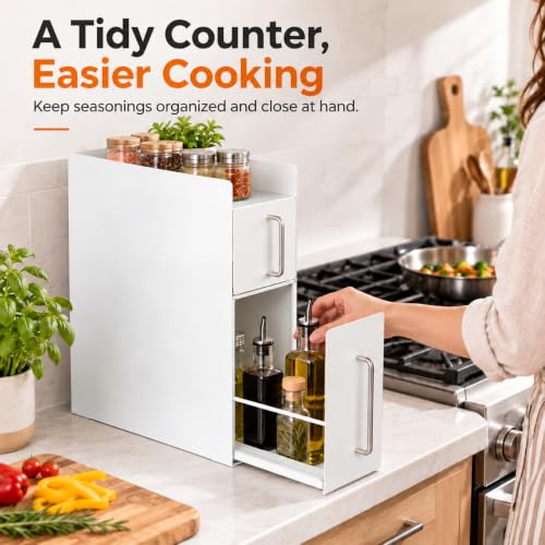 Pull Out Spice Rack Organizer – 3 Tier Sliding Drawer, No Assembly Steel Kitchen Countertop Storage for Tall Bottles, Condiments & Seasonings, Compact Pantry Organizer - view 6