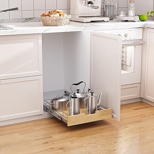 Pull Out Cabinet Organizer 14"W x 21"D Wood and Wire Storage Shelf - view 4