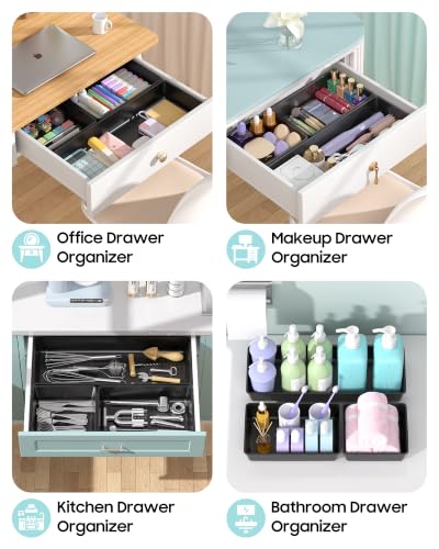 10 Pack Large Size Plastic Drawer Organizers Set, 3 Sizes Desk Drawer Organizer Trays, Storage Bins for Vanity, Makeup, Bathroom, Kitchen Utensils and Office (Black) - view 5