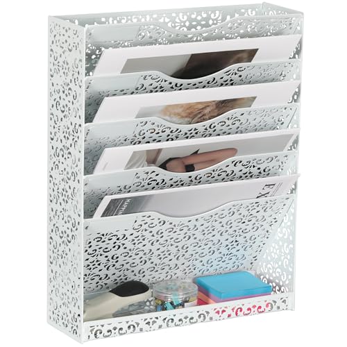 Desk File Organizer Heavy Duty Metal Wall Mount File Holder 5 Tier Mail Paper Folder Holder with Bottom Tray for Office Home Cubicle Countertop, White