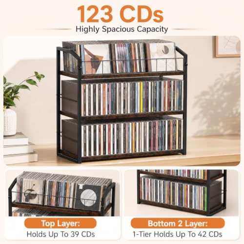 3-Tier CD Storage Rack, CD Holder Tower Holds 123 CDs with Display Top Shelf, Metal and Wood CD Organizer Stand for Standard Jewel Cases, Compact Desktop CD Shelf for Home Office - view 5