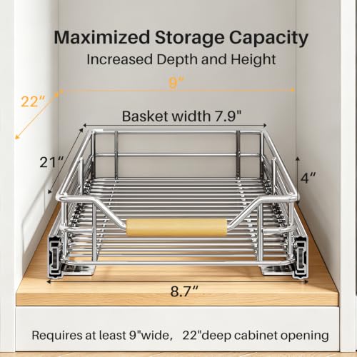 Pull out Cabinet Organizer, 9"W X 21"D, Heavy Duty Smooth Sliding Under Cabinet Shelves for Pots and Pans, Full-Extension Roll out Drawers, Slide out Organization for Home Kitchen Pantry - view 2