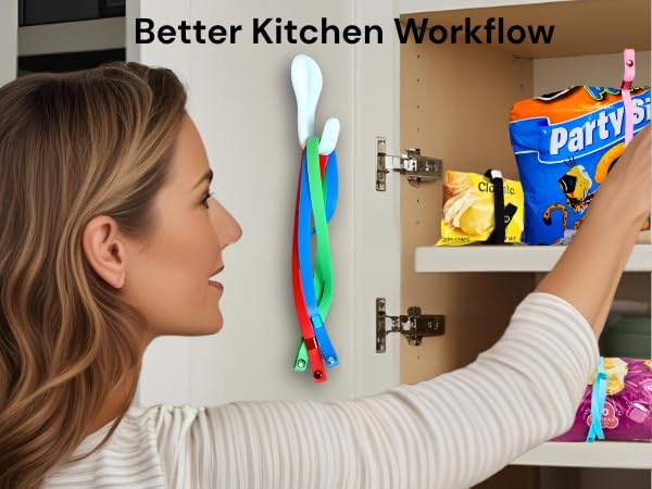 Pantry Organization Kit for Chip, Snack, and Food Bags - Bag Bands (5ct) with Storage Hook - Pantry Door Organizer for Airtight Snack Storage, Adjustable Clips - Space-Saving Alternative to Chip Clips- Black - view 7